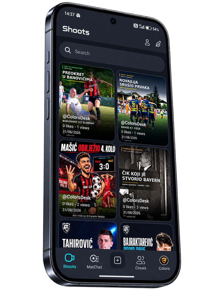 COLORS Shoots screen showing football news and supporter posts from across the Balkans